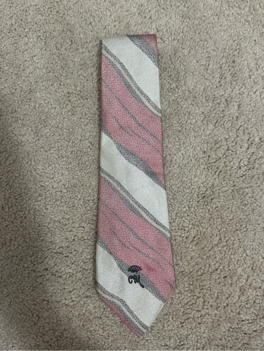 Men's Pink and Cream Diagonal Stripe Tie with Monogram Detail